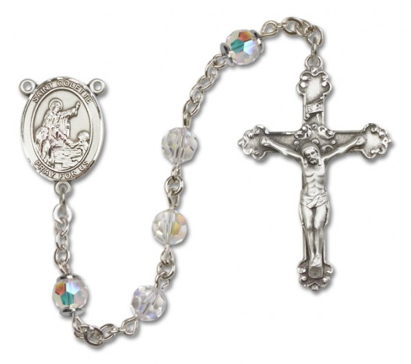 St. Colette Sterling Silver Heirloom Rosary Fancy Crucifix - Crystal