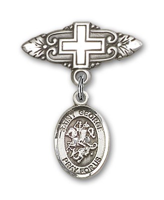 Pin Badge with St. George Charm and Badge Pin with Cross - Silver tone