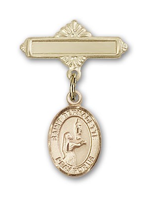Pin Badge with St. Bernadette Charm and Polished Engravable Badge Pin - Gold Tone