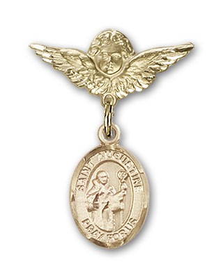 Pin Badge with St. Augustine Charm and Angel with Smaller Wings Badge Pin - Gold Tone