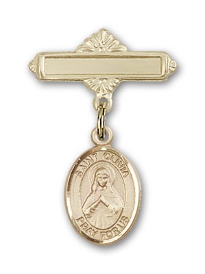 Pin Badge with St. Olivia Charm and Polished Engravable Badge Pin - 14K Solid Gold
