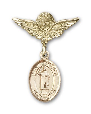 Pin Badge with St. Stephen the Martyr Charm and Angel with Smaller Wings Badge Pin - Gold Tone