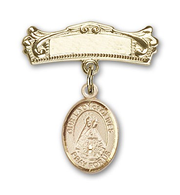 Pin Badge with Our Lady of Olives Charm and Arched Polished Engravable Badge Pin - 14K Solid Gold