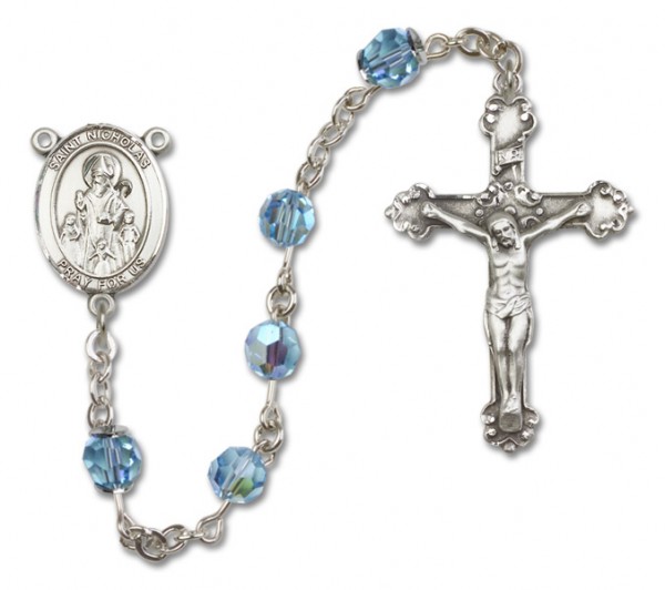 St. Nicholas Sterling Silver Heirloom Rosary Fancy Crucifix - Aqua