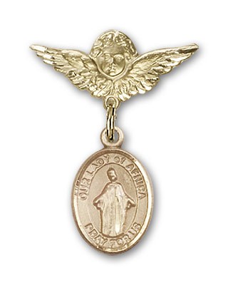 Pin Badge with Our Lady of Africa Charm and Angel with Smaller Wings Badge Pin - Gold Tone