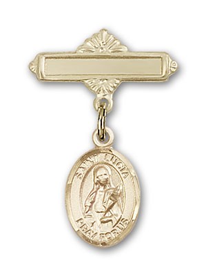 Pin Badge with St. Lucia of Syracuse Charm and Polished Engravable Badge Pin - 14K Solid Gold