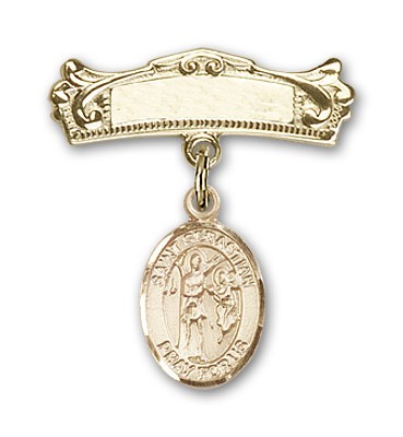 Pin Badge with St. Sebastian Charm and Arched Polished Engravable Badge Pin - 14K Solid Gold