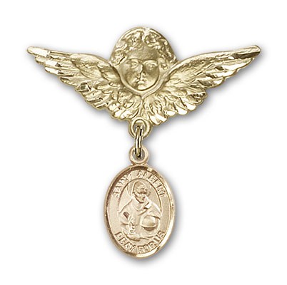 Pin Badge with St. Albert the Great Charm and Angel with Larger Wings Badge Pin - 14K Solid Gold