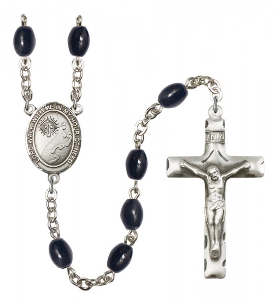 Men's Footprints Cross Silver Plated Rosary - Black Oval