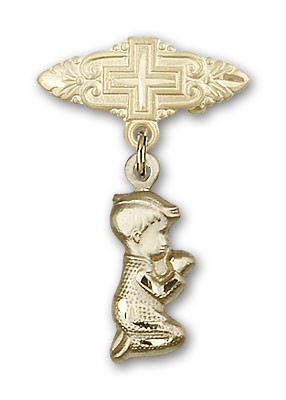 Baby Pin with Praying Boy Charm and Badge Pin with Cross - 14K Solid Gold