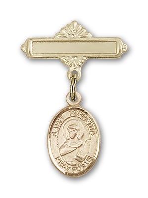 Pin Badge with St. Perpetua Charm and Polished Engravable Badge Pin - 14K Solid Gold