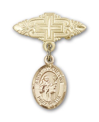 Pin Badge with St. Augustine Charm and Badge Pin with Cross - 14K Solid Gold