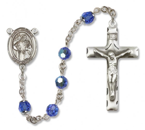St. Ursula Sterling Silver Heirloom Rosary Squared Crucifix - Sapphire