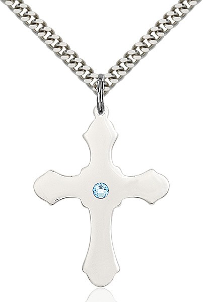 Large High Polished Soft Edge Cross Pendant with Birthstone Options - Aqua