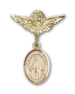 Pin Badge with Our Lady of Peace Charm and Angel with Smaller Wings Badge Pin - 14K Solid Gold