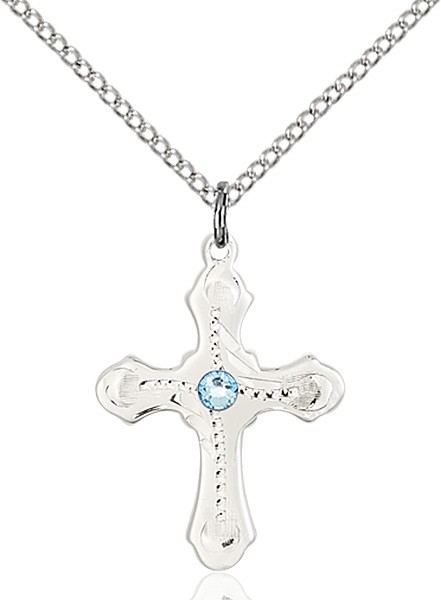 Youth Cross Pendant with Dotted Etching with Birthstone Options - Aqua