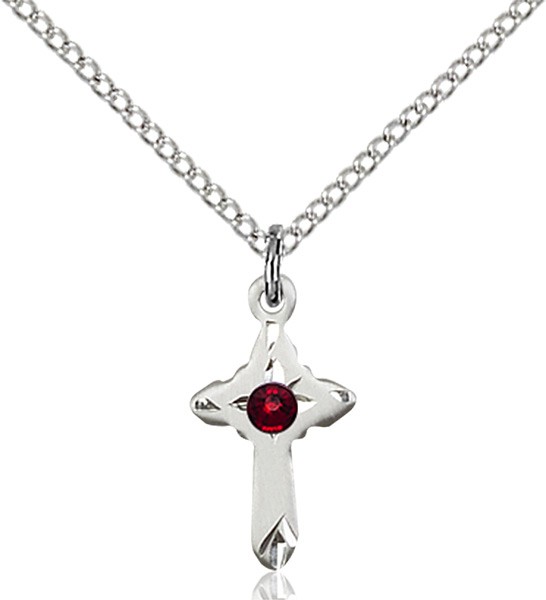 Child's Pointed Edge Cross Pendant with Birthstone Options - Garnet