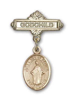 Baby Badge with Our Lady of Africa Charm and Godchild Badge Pin - 14K Solid Gold