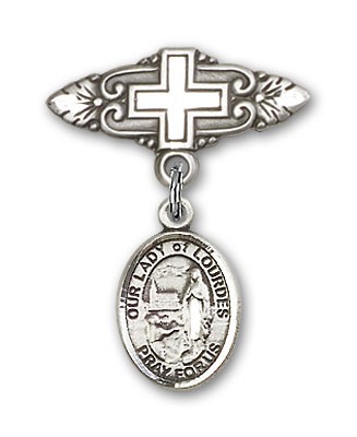 Pin Badge with Our Lady of Lourdes Charm and Badge Pin with Cross - Silver tone