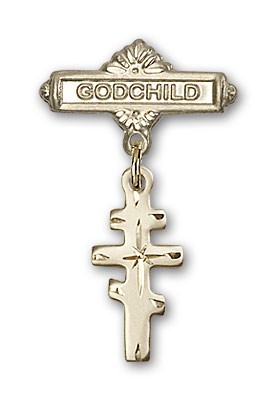 Baby Badge with Greek Orthodox Cross Charm and Godchild Badge Pin - 14K Solid Gold