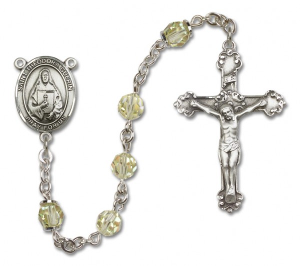 St. Theodora Guerin Sterling Silver Heirloom Rosary Fancy Crucifix - Zircon