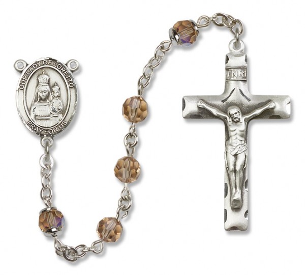 Our Lady of Loretto Sterling Silver Heirloom Rosary Squared Crucifix - Topaz
