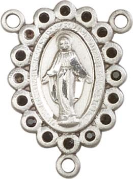 Miraculous Medal Rosary Centerpiece with Black Glass Stones - Sterling Silver