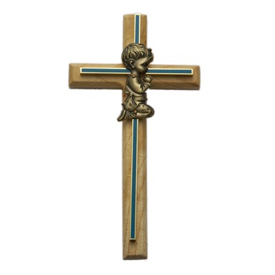 Blue Enamel Oak Wood Praying Boy Baby Cross - 8&quot;H - Light Brown
