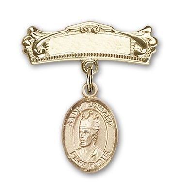 Pin Badge with St. Edward the Confessor Charm and Arched Polished Engravable Badge Pin - Gold Tone