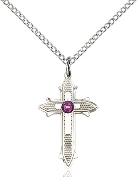 Polished and Textured Cross Pendant with Birthstone Options - Amethyst