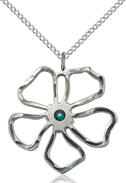 Five Petal Flower Pendant with Birthstone Center - Emerald Green