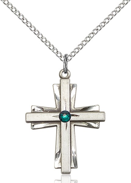 Women's Cross on Cross Pendant with Birthstone Options - Emerald Green