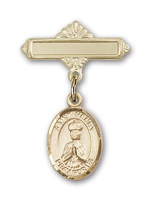Pin Badge with St. Henry II Charm and Polished Engravable Badge Pin - 14K Solid Gold