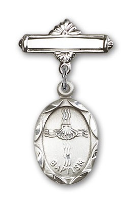Baby Pin with Baptism Charm and Polished Engravable Badge Pin - Silver tone
