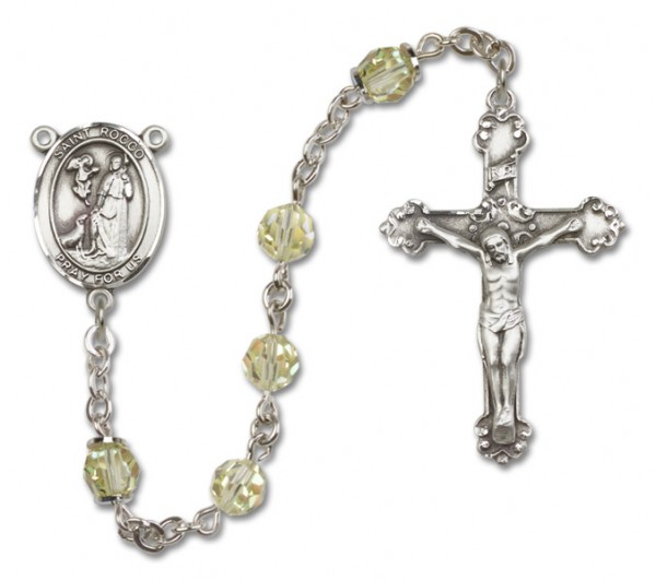 St. Rocco Sterling Silver Heirloom Rosary Fancy Crucifix - Zircon