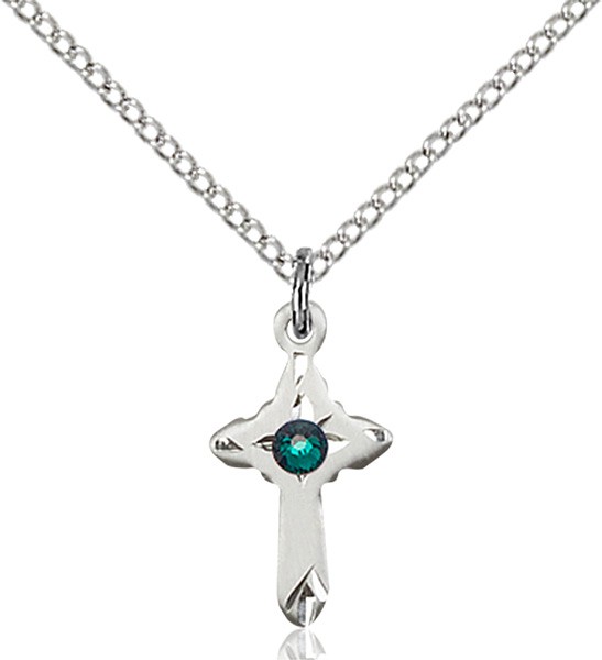 Child's Pointed Edge Cross Pendant with Birthstone Options - Emerald Green