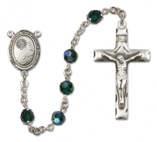 Footprints Cross Sterling Silver Heirloom Rosary Squared Crucifix - Emerald Green