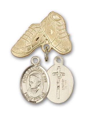 Baby Badge with Pope Benedict XVI Charm and Baby Boots Pin - 14K Solid Gold