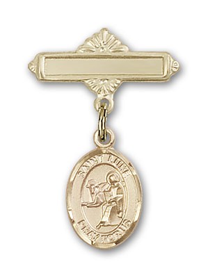 Pin Badge with St. Luke the Apostle Charm and Polished Engravable Badge Pin - Gold Tone