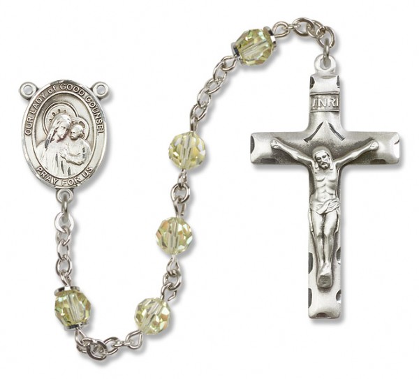 Our Lady of Good Counsel Sterling Silver Heirloom Rosary Squared Crucifix - Zircon