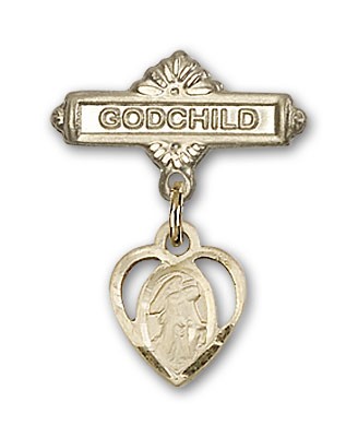 Baby Badge with Guardian Angel Charm and Godchild Badge Pin - 14K Solid Gold