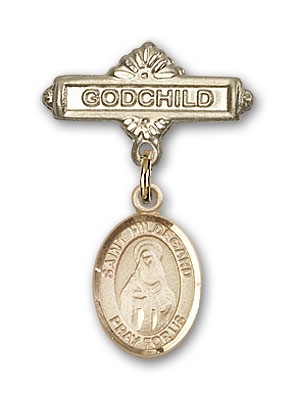 Pin Badge with St. Hildegard Von Bingen Charm and Godchild Badge Pin - Gold Tone