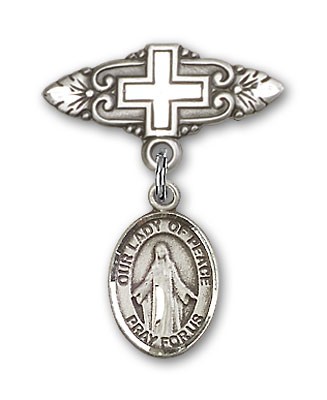 Pin Badge with Our Lady of Peace Charm and Badge Pin with Cross - Silver tone
