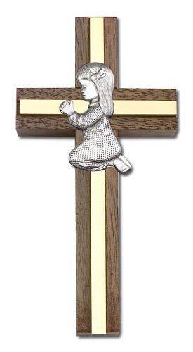 Praying Girl Cross in Walnut 4&quot; with Metal Inlay - Two-Tone Gold