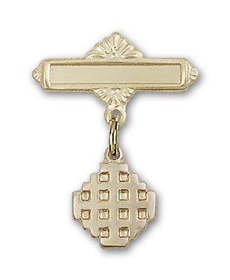 Pin Badge with Jerusalem Cross Charm and Polished Engravable Badge Pin - 14K Solid Gold