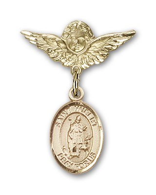 Pin Badge with St. Hubert of Liege Charm and Angel with Smaller Wings Badge Pin - Gold Tone