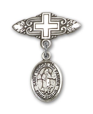 Pin Badge with St. Isidore the Farmer Charm and Badge Pin with Cross - Silver tone