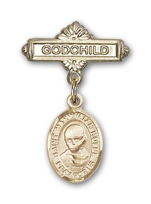 Pin Badge with St. Maximilian Kolbe Charm and Godchild Badge Pin - Gold Tone