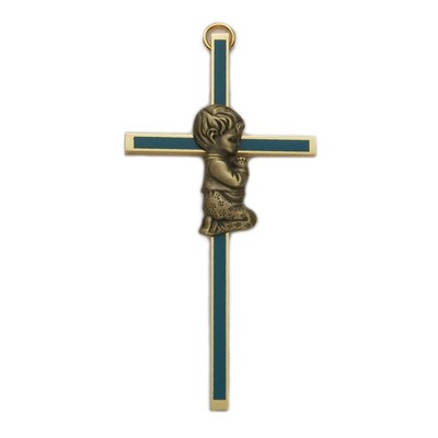 Blue Enamel Brass Praying Boy Baby Cross - 4&quot;H   - Blue