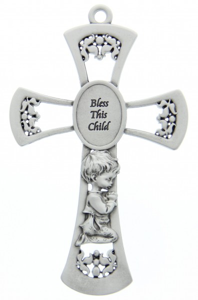 Praying Boy Pewter Cross - 6&quot; - Silver